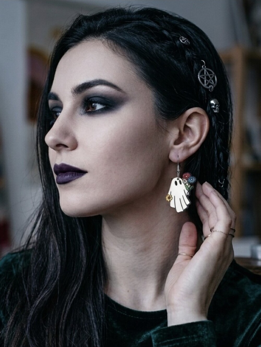 White Ghost Colorful Flower Design‎ Dangle Halloween Earrings Wooden Jewelry